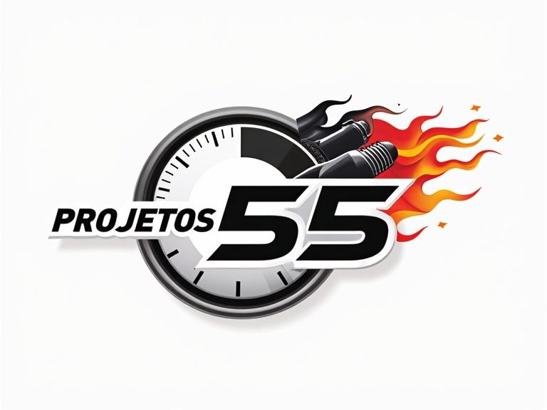 Logo design for Projetos 55 brand featuring a speedometer and turbo engine elements, modern and professional style indicating motion and dynamics.