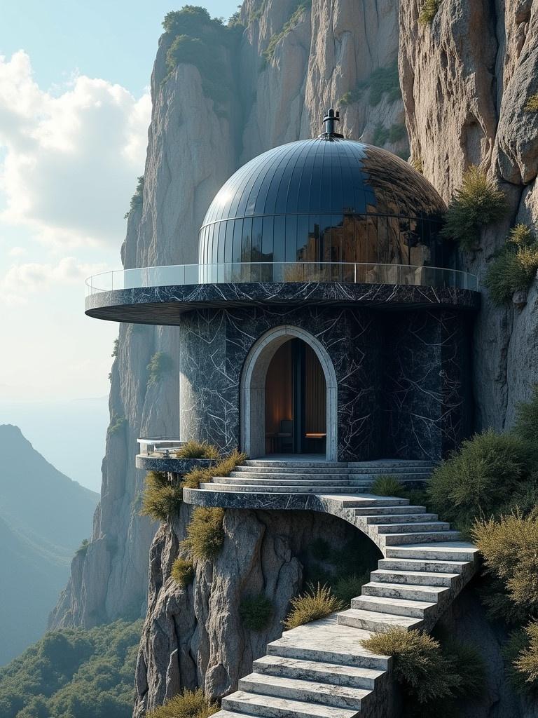 A hyper realistic scene shows a celestial observatory. The structure is primarily made of black marble with white veins and glass. It sits on the rugged side of a towering cliff. The design incorporates impossible geometries and interconnected elements. Stone stairs and arches create a textured transition from ground to structure. A dome, telescope, and observation deck are unique features. The background blends seamlessly with the natural landscape.