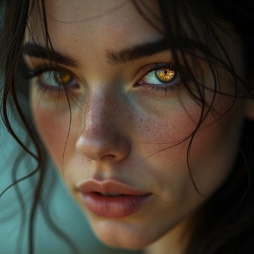 Portrait of a beautiful woman with glowing eyes. The woman has no glasses and her eyes reflect intricate runes. Her hair is gently blown by the wind. The portrait is ultra-detailed with a cinematic atmosphere and an enchanted aura. It is a close-up featuring her bare eyes with soft lighting and a dramatic mood.