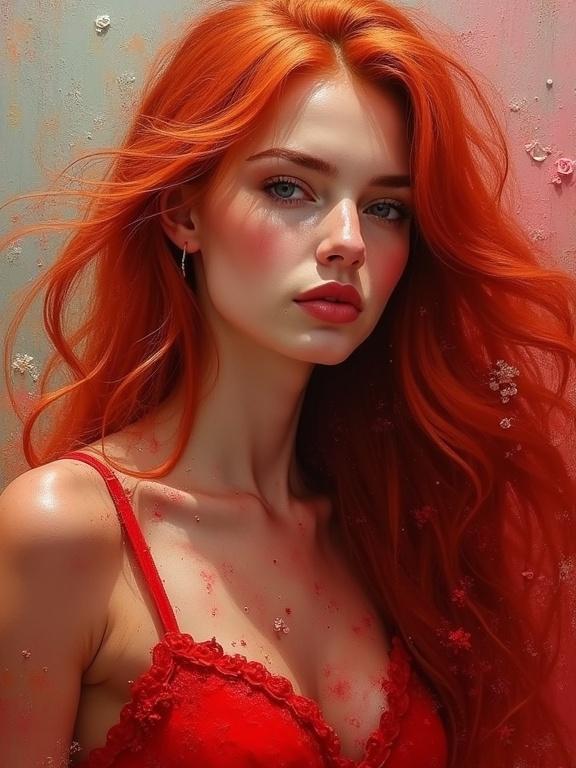 Beautiful redhead with long red hair in a thin red dress. Surrounded by contrasting colors. Depicts oil painting and impasto techniques.