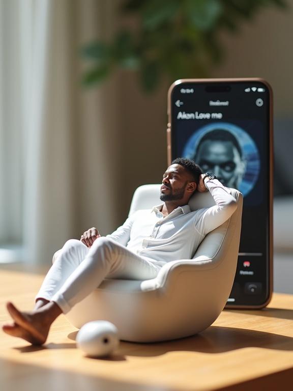 Miniature man sits relaxed inside a large wireless earbud case. He wears white clothing and a smartwatch. One hand rests behind his head. An oversized earbud lies beside him. A giant smartphone in background shows music player with Akon song. Indoor setting with soft lighting and wooden table.