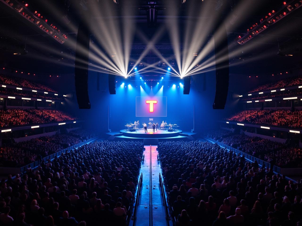 The image shows a vibrant concert scene at Madison Square Garden featuring Travis Scott. The stage is prominently designed in the shape of a 'T', with a runway extending into the crowd. An aerial drone perspective captures the extensive audience filling the venue. Dramatic blue lighting enhances the atmosphere, creating an immersive experience. Musicians are visible on stage, performing energetically amidst visual effects.