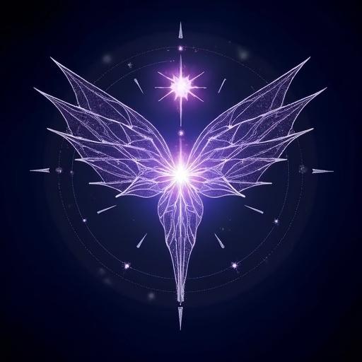 Intricate celestial sigil of a starlight dragon spirit. Symmetrical design with white and violet glowing lines. Deep navy background enhances contrast. Elegant wing shapes with constellation elements. Central brilliant star as the focal point. Style is sacred geometry with a minimal fantasy glyph layout. Mystical occult aesthetic with luminous lines.