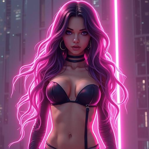 A futuristic anime-style character, seductive features, innocent expression. Clear skin with a natural blush, approximately 150 cm tall. Latina appearance with vibrant hair, displayed in alluring lingerie, surrounded by energetic colors.