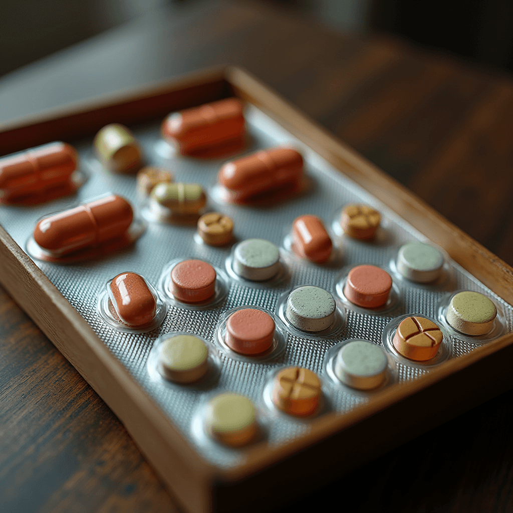 A wooden tray displays a variety of colorful tablets and capsules in a plastic blister pack.