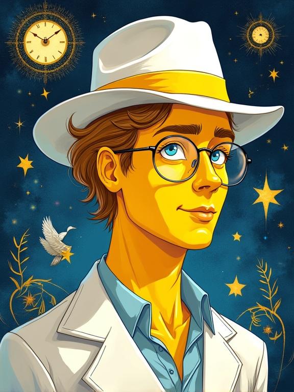 A stylized logo for a fictional author aged twenty. Soft smile, looking diagonally. Yellow man in a white fedora and glasses. Surrounded by swirling elements like stars and floating books. Mix of organic and futuristic design. Painterly style.