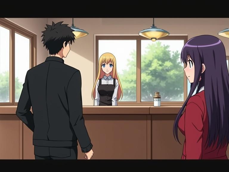 Horizontal image showing a coffee shop setting during daytime. A man in his 20s with black hair and a black outfit is seen walking toward the exit. A blonde woman in waitress clothing is behind the reception desk looking confused. A woman in her 30s with purple long hair and a red dress is facing the man, viewed from her shoulder angle.