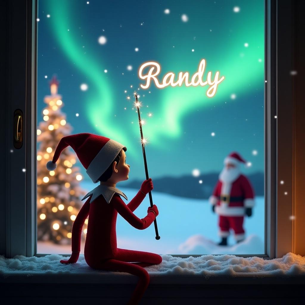 An enchanting Christmas scene features an elf on the shelf with his back to the viewer, gazing up at a magical sky. The elf is using a wand to elegantly write the name Randy in the air. In the background, the landscape is illuminated by beautiful northern lights and adorned with a Christmas tree sparkling with lights. Santa Claus is visible in the distance, creating a whimsical and festive atmosphere. Snow gently covers the window ledge, adding to the cozy feel of the scene.