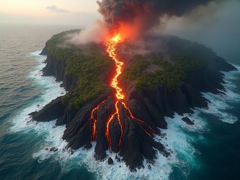 Aerial view shows a volcanic eruption on a tropical island. Glowing lava flows across deep cracks. Ash clouds and rocks are ejected into the sky. Tropical vegetation drifts apart in turbulent ocean. Scene is dramatic and catastrophic with cinematic lighting.