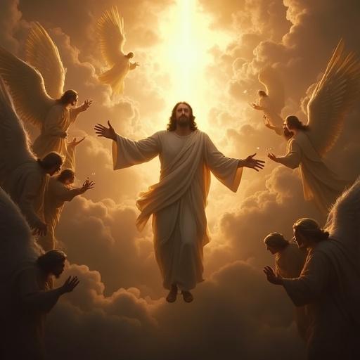 Cinematic portrayal of Jesus Christ's second coming. Jesus descends from dark clouds arms open. His white robes flow and gold light emanates. Angels fill the sky with detailed wings. Some blow trumpets, others hold swords of light. High-contrast lighting, 4K detail, painterly texture.
