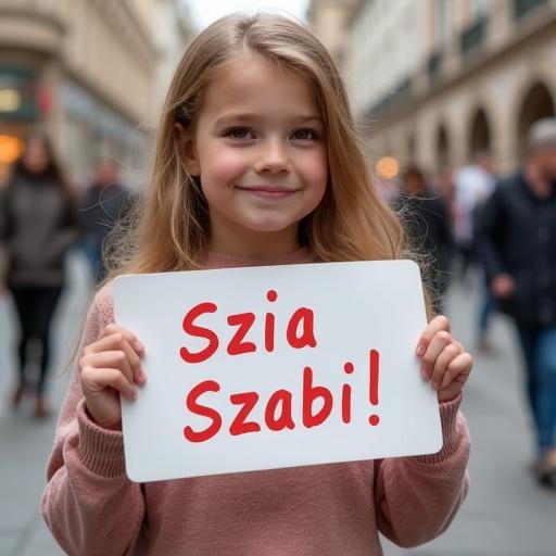 Beautiful girl holding a sign that says Szia Szabi. Outdoor setting with people in the background. Natural lighting and warm atmosphere.