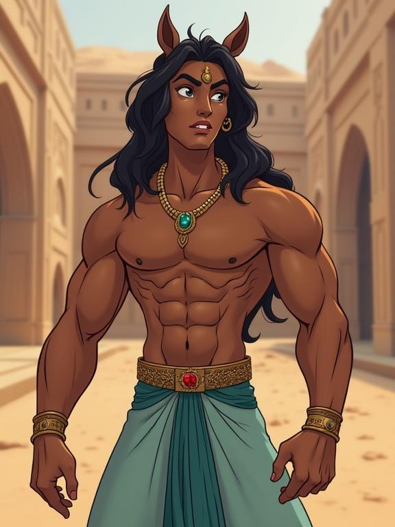 Anthropomorphic male character with a horse-inspired design. Muscular physique and shocked expression. Wearing a teal harem outfit in a desert palace. Features include horse snout and long hair. Illustrates a moment of implied transformation.