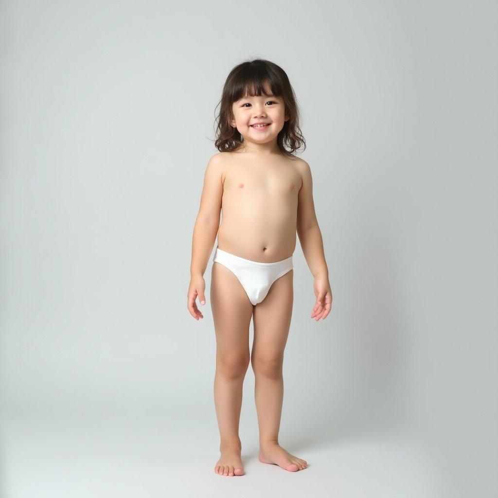 Image features a girl standing barefoot and upright against a light gray background. She is wearing white underwear. Soft even lighting creates a calm atmosphere. The girl's pose is confident and relaxed, showcasing a sense of playfulness. Minimalistic style brings focus to the subject.