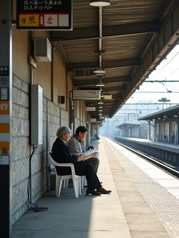 Photograph captures a train station platform during the day. Two individuals sit on white plastic chairs under the roof. One reads a newspaper while the other looks away. The platform features a stone wall and an overhead sign with Japanese characters. A black and yellow striped pole is visible on the left side, with train tracks on the right. Metal air conditioning units hang from the ceiling. Overall atmosphere is calm and quiet, depicting everyday life in an urban setting.