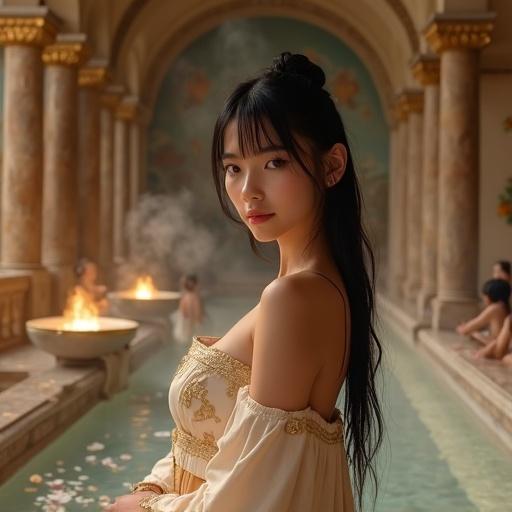 Ultra-realistic fantasy portrait of a young noblewoman in a medieval palace bathhouse with porcelain fair skin and a soft pink flush. Long sleek black hair partially damp with straight bangs. Warm brown eyes with a serene gaze beside a marble bath filled with steam and rose petals. Surrounded by carved columns and golden basins with glowing lanterns. Wearing a semi-sheer silk robe subtly embroidered with gold that clings to her figure. Relaxed posture and gentle smile conveying warmth. Soft steam creates a magical atmosphere in the opulent setting.