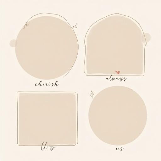 Square-format minimalist couple-themed photo collage. Soft neutral background. Three photo areas. Oval frame labeled 'cherish' in top left. Heart-shaped frame labeled 'always' slightly above center. Rounded rectangle frame labeled 'us' in bottom right. Thin white borders with soft shadows. Clean geometric shapes. Minimal handwritten or sans-serif text. Balanced and modern layout with soft warm tone.