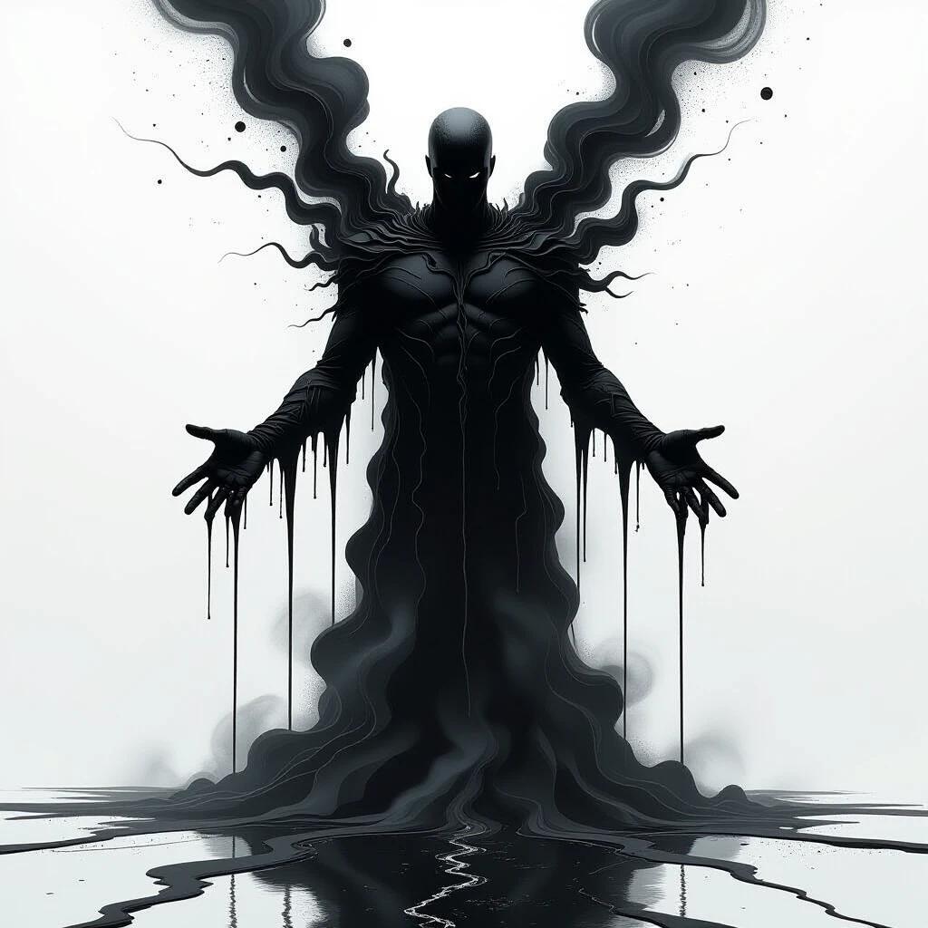 A towering figure dissolves into streams of black ink. Ink drips from outstretched hands and feet. Chaotic abstract textures surround the figure. The scene has epic scale and dramatic lighting from below. Ink stains spread across a cracked white background. Surreal atmosphere with high contrast black and white. Expressive ink flows form sharp patterns and haunting silhouettes. This represents modern ink art style.