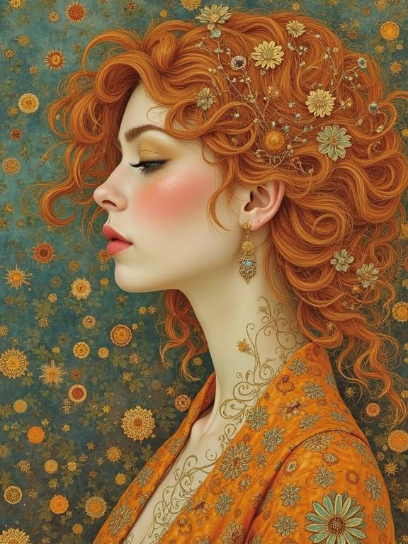 Profile portrait of a woman with curly orange hair. Hair features decorative flowers and accessories. Ornate patterns in background. Woman has soft makeup. Artistic expression reminiscent of Klimt.