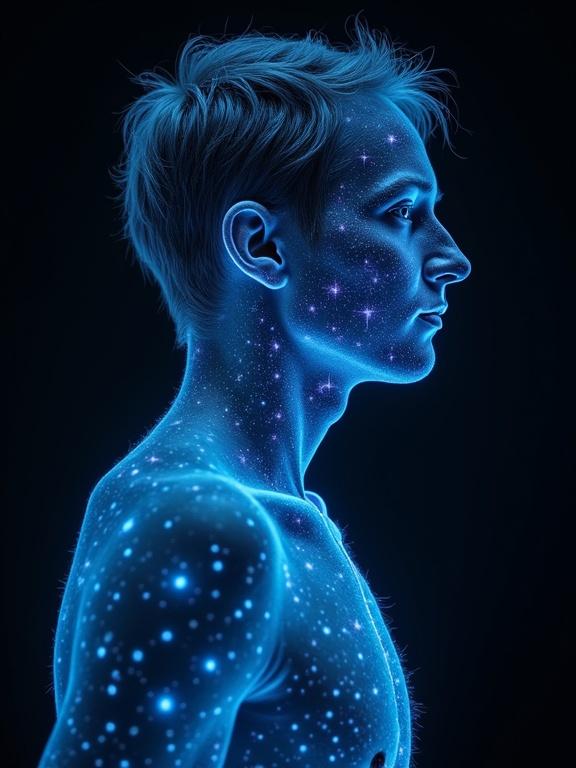 Mensch mit Biolumineszenz-Effekt. Der menschliche Körper zeigt einen Neon- oder Sternen-Effekt auf der Haut. Dunkler Hintergrund, Fokus auf Profilansicht. Glänzende und leuchtende Elemente sind hervorzuheben.