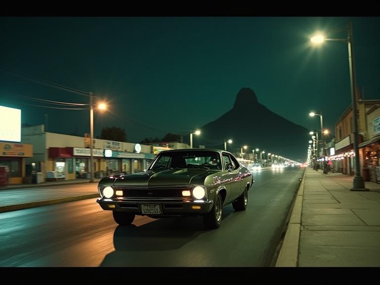 Cinematic nighttime photo with a raw 70s grindhouse aesthetic set on Avenida Constitución in Monterrey.Nuevo León. An imposing black muscle car resembling a Chevy Nova or Dodge Charger from 1970 passes slowly. Avenue lights and distant neon business signs sporadically illuminate the vehicle and pavement. Buildings are visible in the background. The iconic Cerro de la Silla looms in the distance against the night sky. Photo has noticeable film grain and subtle scratches. The color palette is desaturated with a vintage greenish-blue tint. A threatening presence is felt from the car moving through the stillness of the urban night.