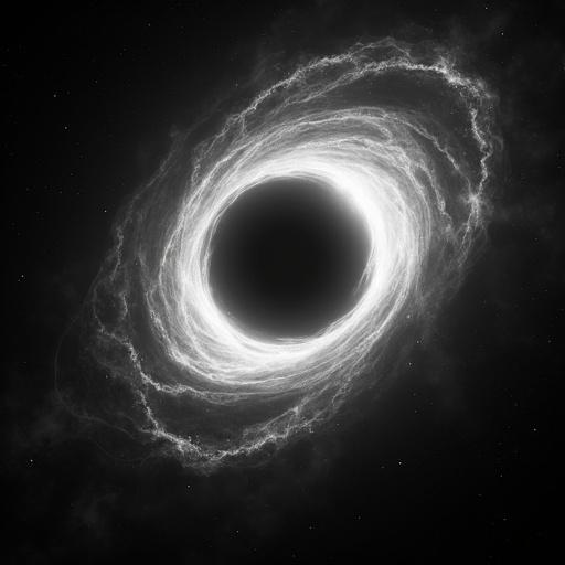 Black and white image features a glowing spiral light surrounding a black hole. Space backdrop with stars. Abstract interpretation of cosmic phenomena.