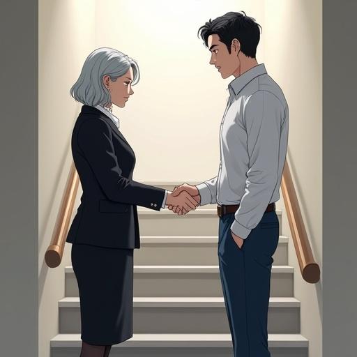 Anime illustration of a professional meeting. A 65-year-old woman with grey hair in a black skirt suit and pantyhose shakes hands with a 30-year-old man in a white collared shirt and blue jeans. Both are standing on stairs. The view is from behind.