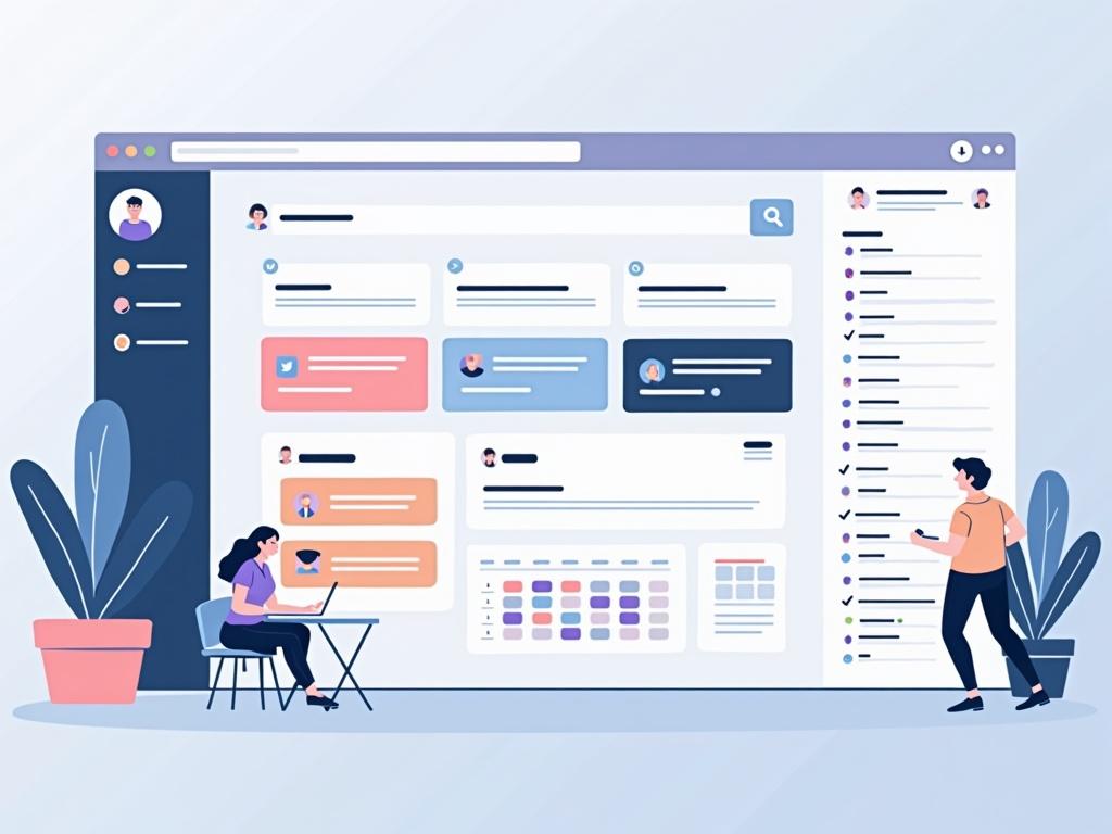Futuristic digital workspace illustration depicting Notion elements such as sidebar navigation menus and colorful content blocks. Display nested pages and a dynamic database with table, board, calendar, and gallery views. Show modern organization with drag-and-drop functionality. Use soft colors like blue, purple, and gray for a professional look.
