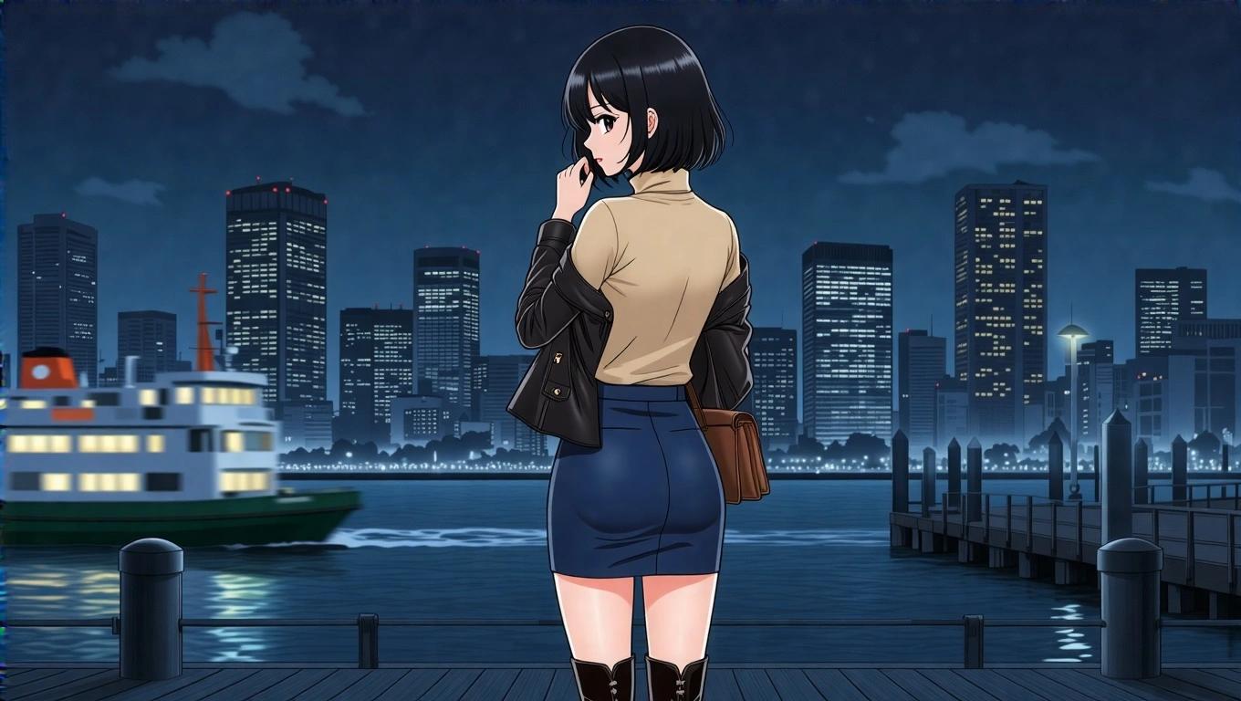Anime image of an elegant office lady at a city pier. She has black bob hair and wears a turtleneck champagne shirt. A dark blue pencil skirt and leather jacket are her outfit. The background shows city skyscrapers at night. She is posed in a back view with a three-quarter turn. A ferry is on the water near her. Stone floor tiles are visible, with a shadow under her boots.