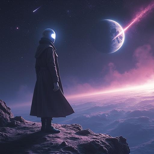 A lone humanoid alien with silver skin stands on the edge of an asteroid field. The alien has glowing white eyes. The camera pulls back to reveal Earth glowing in the distance. Stars drift by. The alien is wearing a flowing trench coat. A nebula pulses with magenta light. The figure gazes upward at a meteor crossing the sky. Style is inspired by Cowboy Bebop anime. Scene has a slow space opera energy, with a surreal silence.