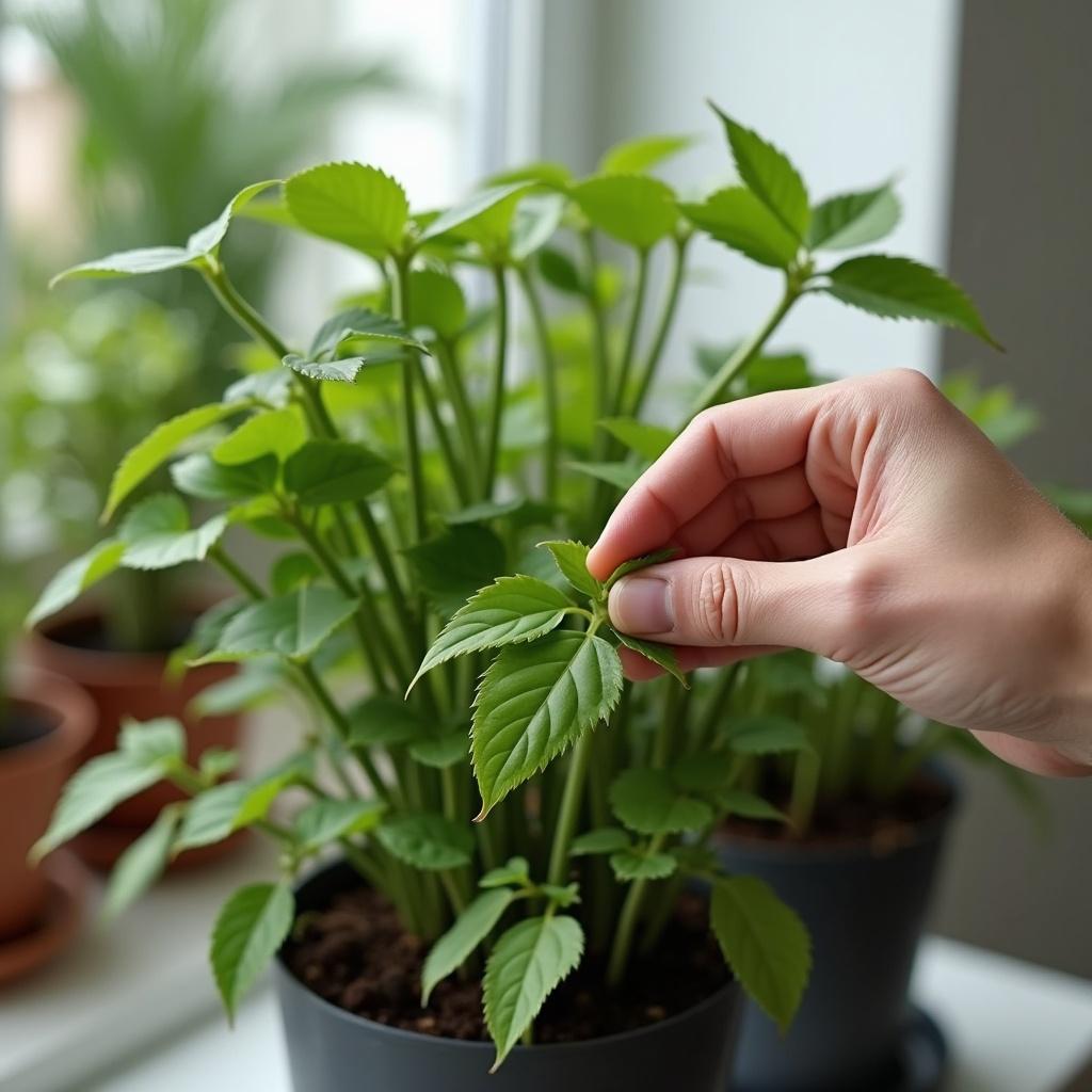 A person pruning an indoor plant by a sunny window, capturing the details of the lush green leaves and the gentle touch of the fingers.