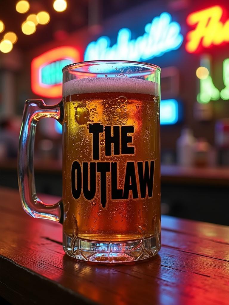 Image of a glass mug shaped like a cowboy boot. It features the words 'The Outlaw' in artistic black letters. Background shows a combination of metal and wood textures along with Nashville styled neon signs and warm lights.