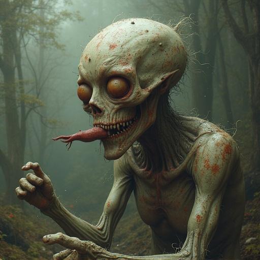 A creature with exaggerated features stands in a foggy forest. It has large eyes and a long tongue. The environment is eerie and whimsical. The being has a thin, elongated body with an unsettling yet fantastical appearance.