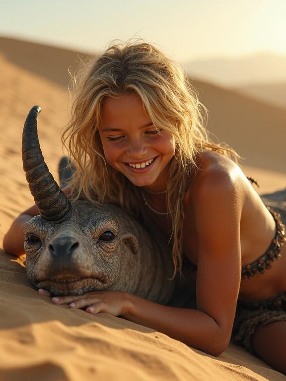 A tanned young sweaty girl is laying on a monstrous wormlike beast. She laughs as it brushes her with a horned tendril. The background features desert dunes with sand blowing in the wind. The sun is low on the horizon casting golden light. Her skin is shiny and she wears a tattered loincloth.