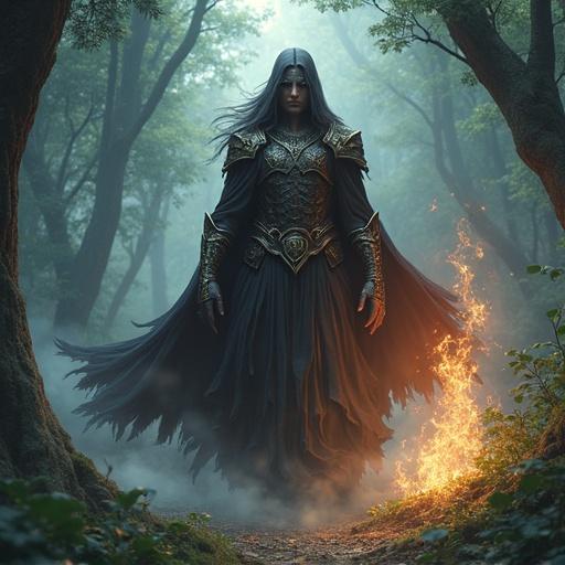 Create a web novel cover showing a main character with distinct powers. The setting is a mystical forest with an aura of mystery. The character wears elaborate fantasy armor and has a commanding presence. Include elements of fire and ethereal lighting.