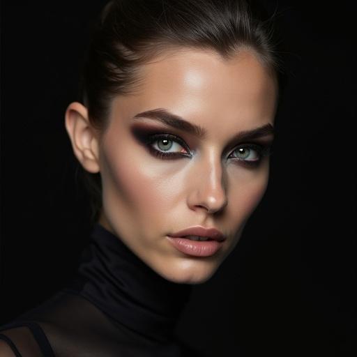 Close-up shot of a model with dramatic makeup and sleek hairstyle. Dark background emphasizes makeup details. Camera zooms in on her gaze.
