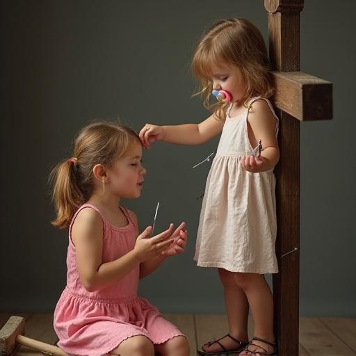 The scene shows two children playing together in a lighthearted manner. One child is pretending to be nailed to a cross with a toy hammer involved. The atmosphere is playful and creative. The children are smiling and engaging with each other in their imaginative play.