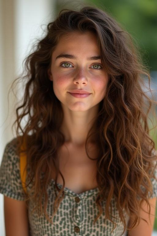 Photograph of a young woman with long, curly brown hair and green eyes. She's smiling and wearing a patterned top. The background is blurred to focus on her expression.