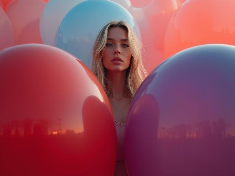 A beautiful Nordic blonde woman stands among huge, colorful rubber balloons. The balloons are primarily red, dark blue, and purple. The setting emphasizes cinematic lighting, enhancing the realism and detail of the woman's appearance.