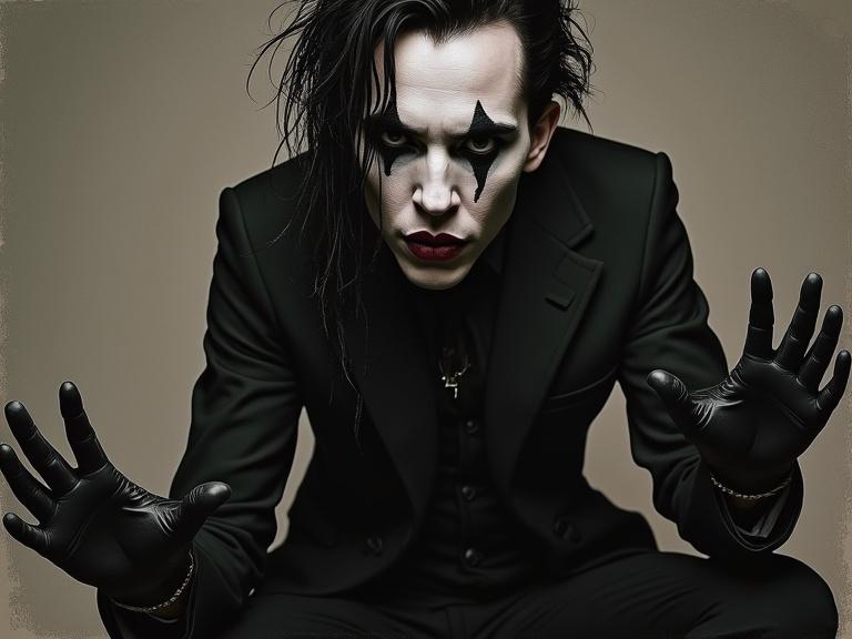 A striking person in a black suit with dramatic makeup posing with hands outstretched. The expression conveys a sense of intensity and artistry.