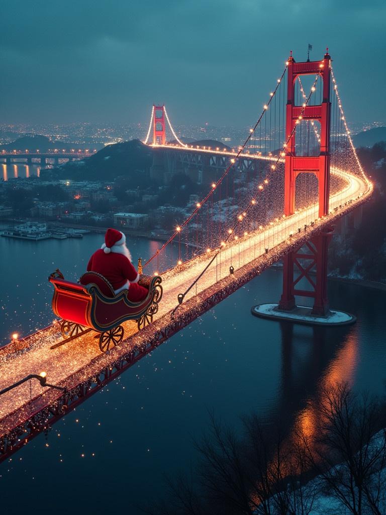 Aerial view of Santa Claus in a sleigh flying over Tagus Bridge. Christmas lights sparkle throughout the scene. City landmarks illuminate in the background. Evening sky adds a magical touch to the image. Ultrarealistic aesthetic captured with Arriflex Alexa.