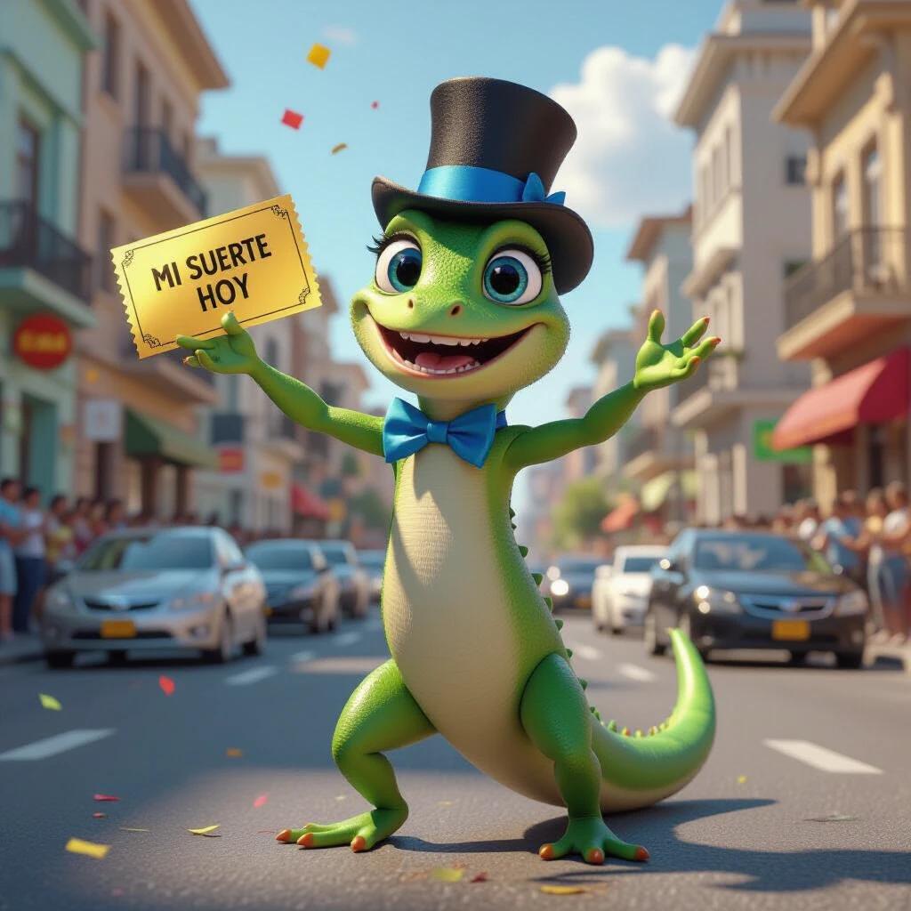 Anthropomorphic green gecko with Pixar features dances joyfully in busy Caracas street. Gecko wears top hat and blue bow tie, holding golden ticket with 'Mi Suerte Hoy'. Fun atmosphere with cheering people and confetti.