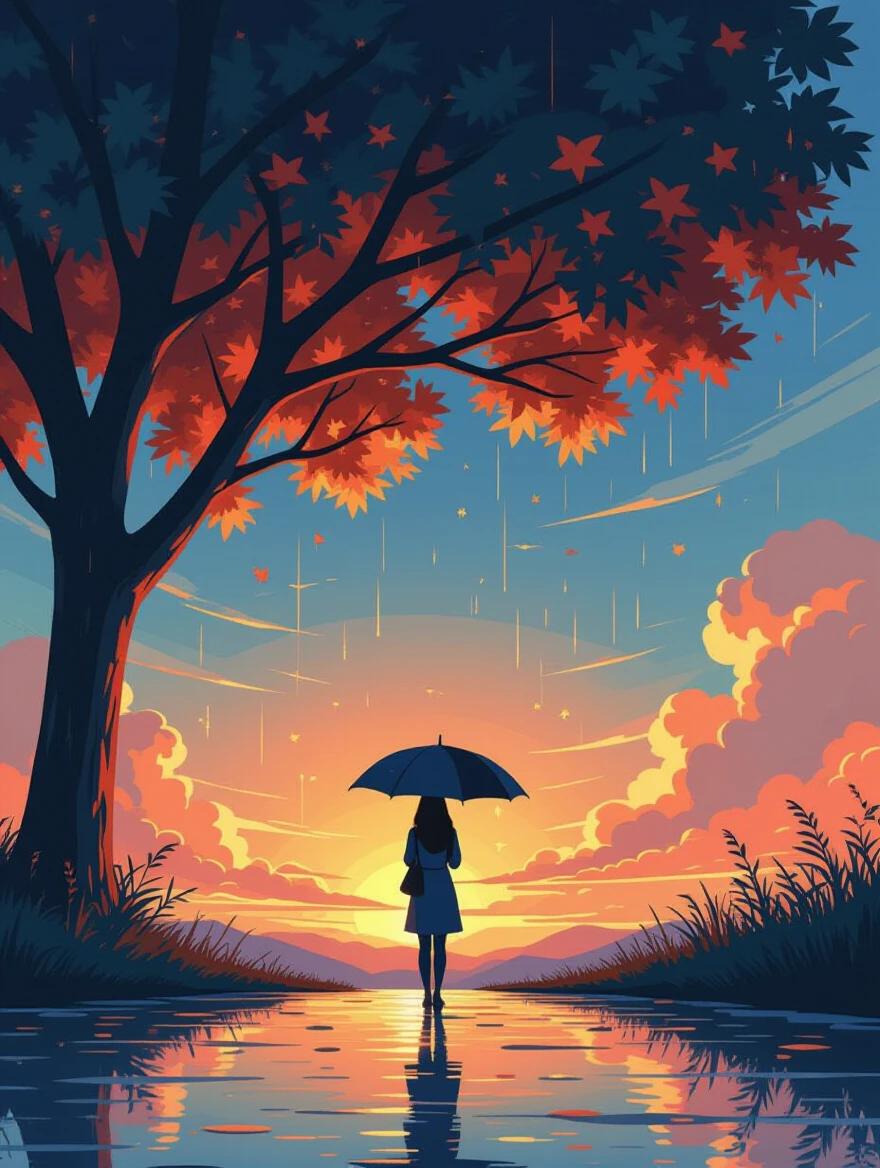 A person holds an umbrella under trees. Digital painting inspired by Cyril Rolando. Sunset landscape with vibrant orange and blue sky. Conceptual art featuring a calming atmosphere. Person gazes into the distance. Waves of light and color fill the sky. Reflective water beneath.