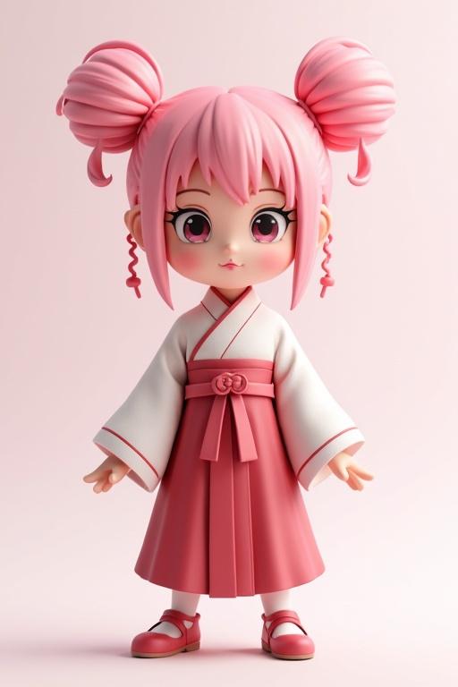 3D representation of an anime character featuring pink hair and traditional clothing. Character has large expressive eyes and hair buns. Full body depiction with no background.