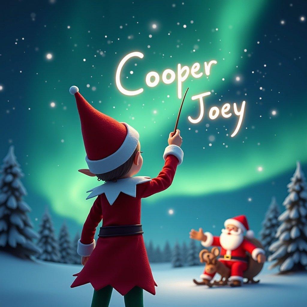 Elf in a festive outfit faces a magical sky. A wand writes names in glowing light. Northern lights and Santa appear in the background.