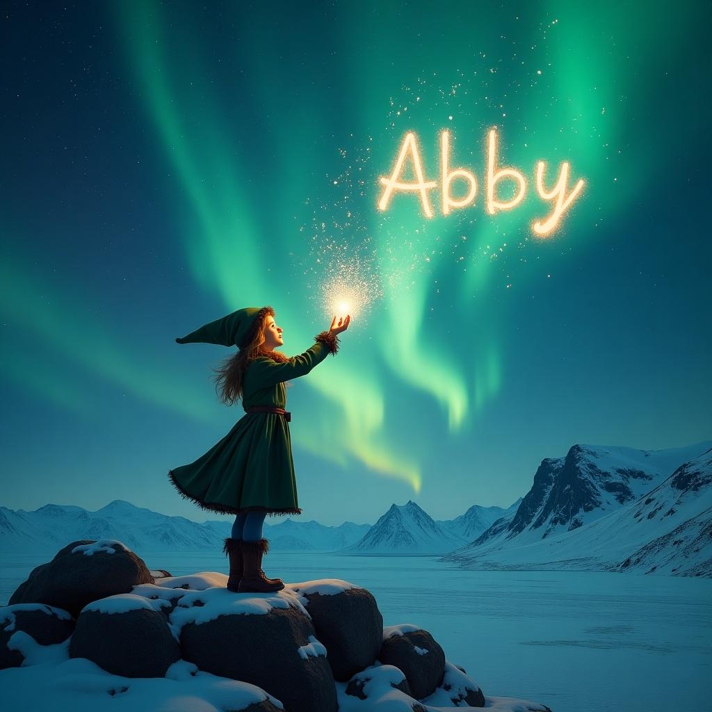 A girl dressed as an elf stands on a rock. She casts sparkles into the sky. Northern lights glow overhead. Snow covers the ground. The scene captures magic and adventure.