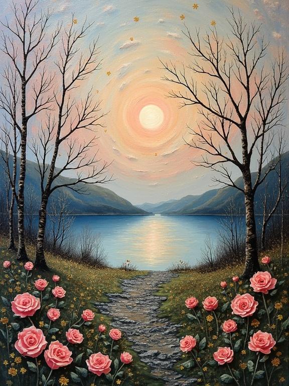 A serene spring evening scene depicting a luminous sunset over a calm lake. Two bare trees frame the view while vibrant pink roses flourish along a winding pathway. The artwork exhibits a mix of textures including impasto and mixed media elements, enhancing depth and surface feel.