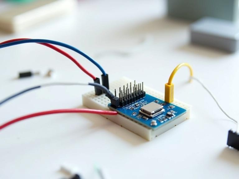Close-up photograph of a DIY electronics project. Microcontroller on a breadboard. Color wires connected. Scattered components in the background. Soft natural light. Focal point on microcontroller and wires.