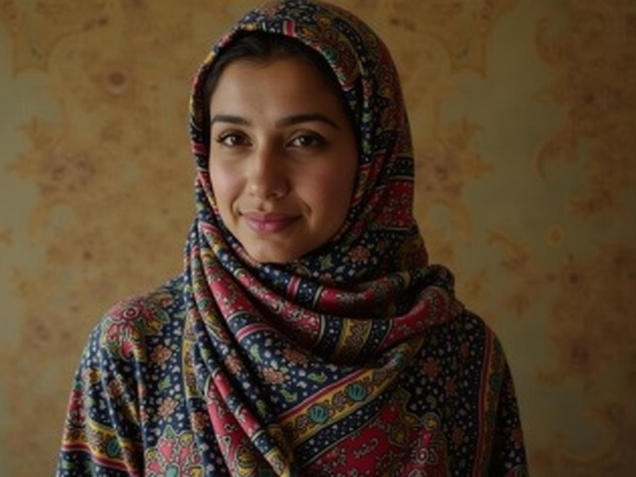 The image shows a person wearing a colorful patterned hijab that partially covers their head. The hijab features intricate designs with floral patterns and vibrant colors. The background is softly blurred, featuring a textured wall that suggests a warm and inviting interior. The person's clothing is also patterned, adding to the overall aesthetic of the image. They are looking slightly away from the camera, creating a sense of mystery while maintaining an aura of serenity.