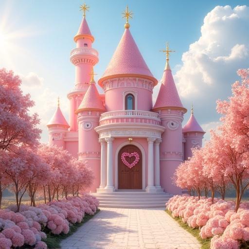 Beautiful sparkling light pink castle on a golden street. Light roses and white hydrangea bushes. No shadows. Bright light. Light blue sky with white clouds. Heart floral wreath on the door.