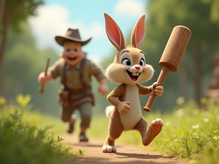 Happy bunny runs energetically across a lush path. Bunny holds a large club. A hunter follows behind with a stick. Cartoon style emphasizes fun and playfulness. The background features a vibrant, lively forest.